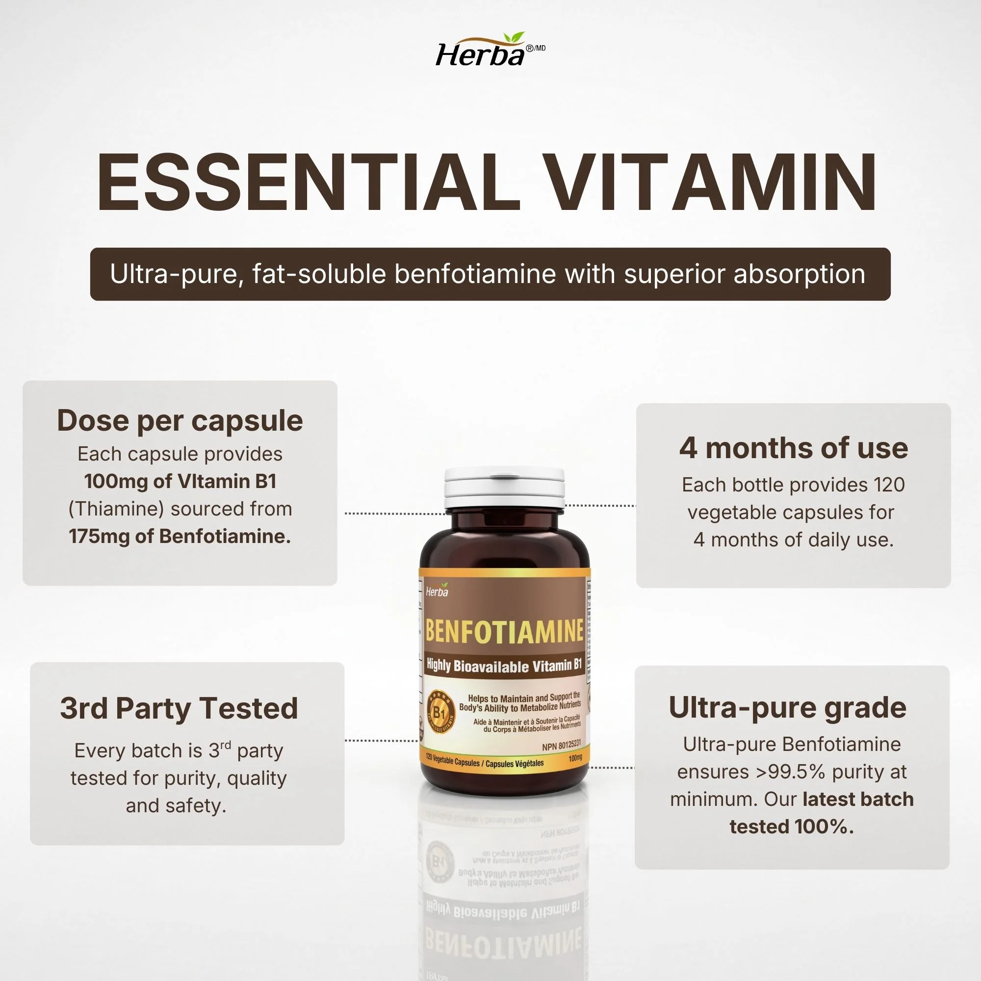 Benfotiamine 100mg - 120 Capsules | Fat Soluble Vitamin B1 | Made in Canada - Image 6