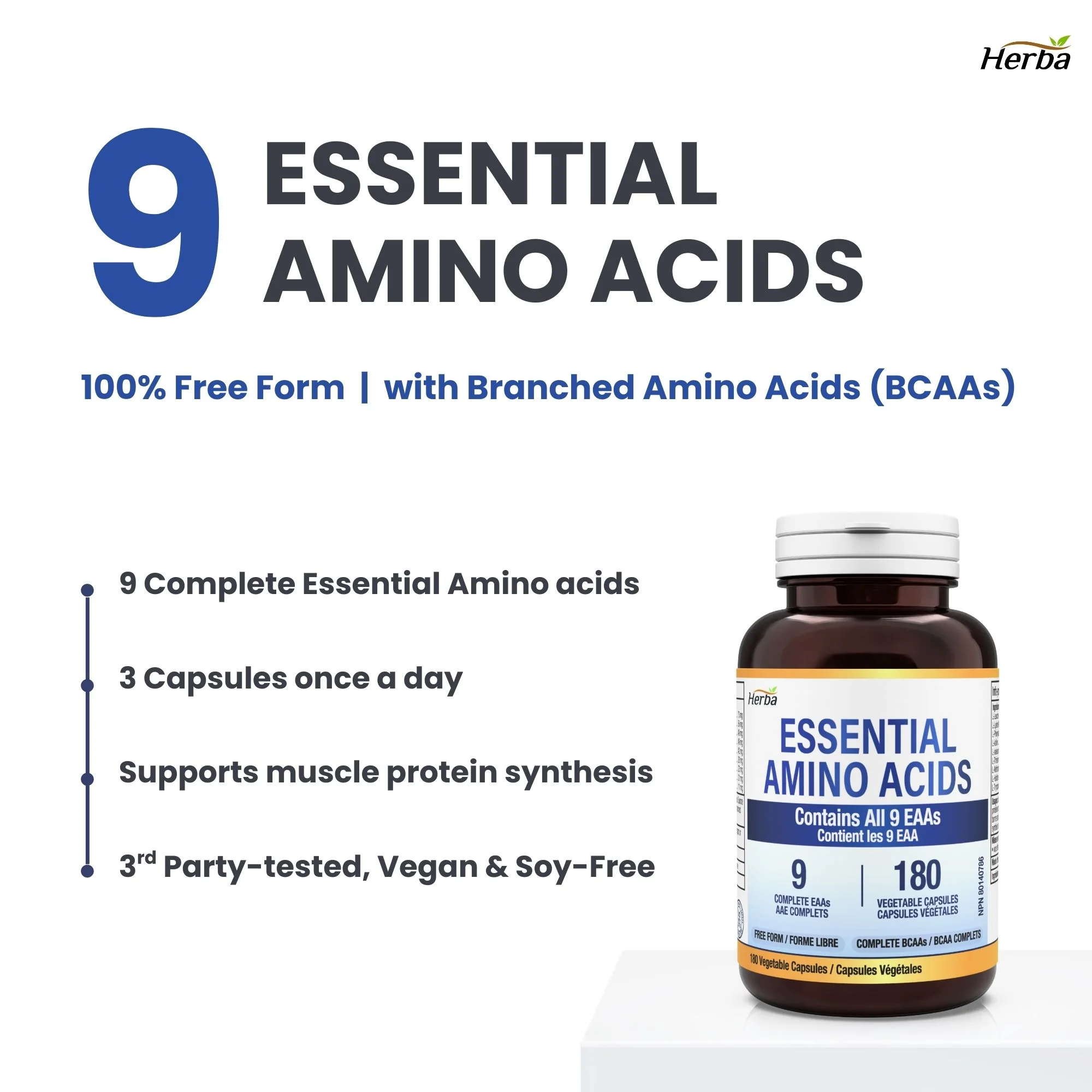 Essential Amino Acids Supplement – 180 Capsules | All 9 EAA Supplement in Free Form | Made in Canada - Image 3