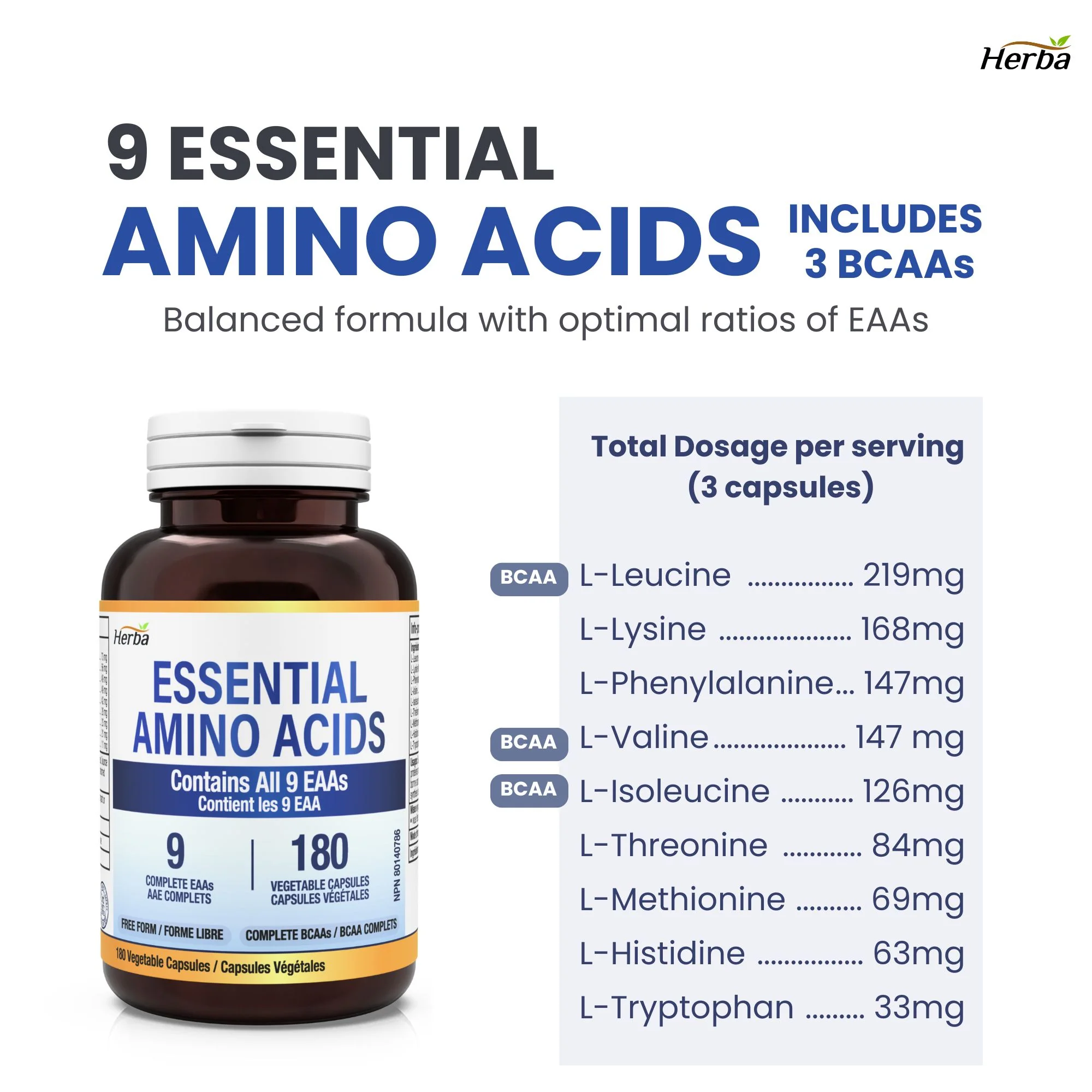 Essential Amino Acids Supplement – 180 Capsules | All 9 EAA Supplement in Free Form | Made in Canada - Image 6