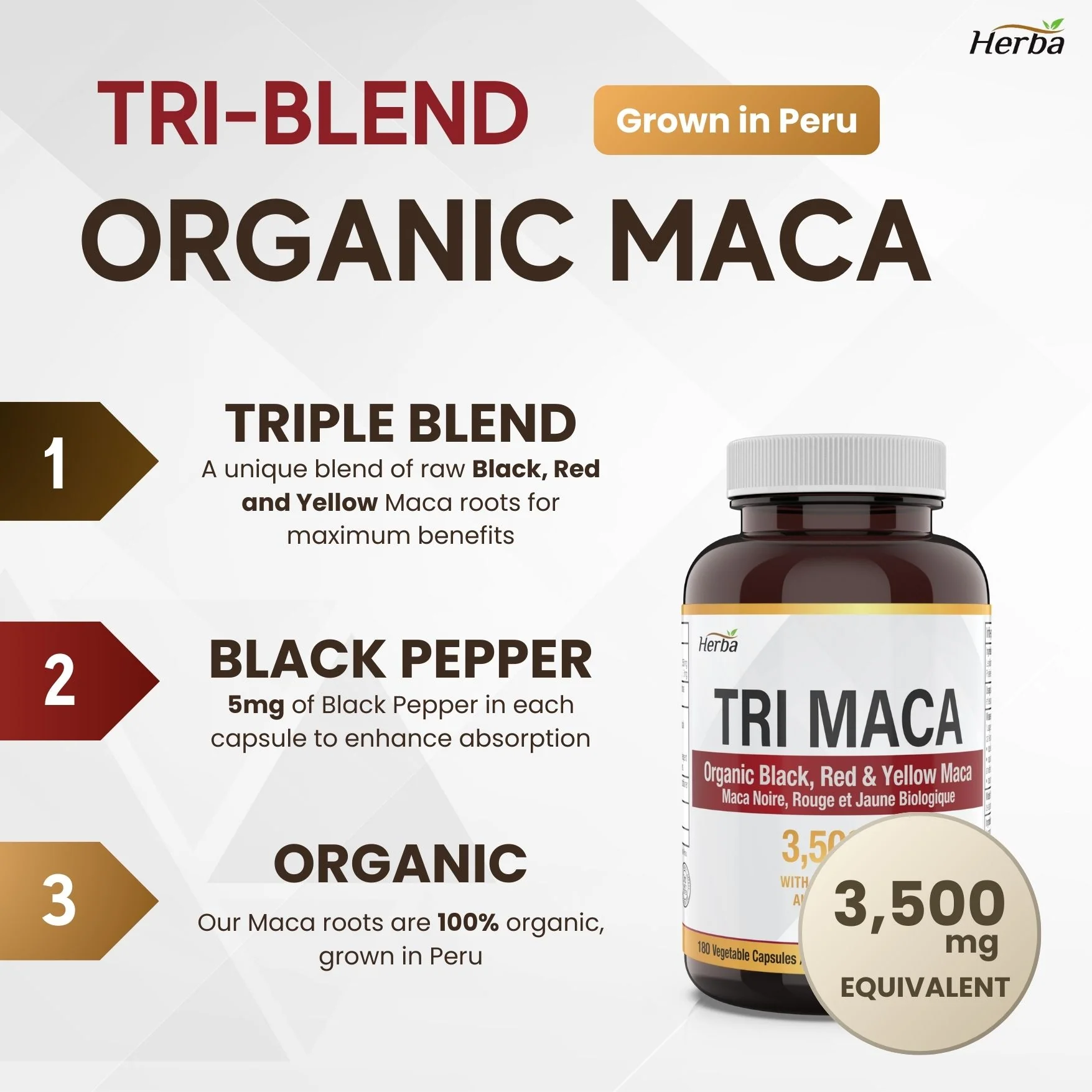 Organic Tri Maca Capsules 3500mg – 180 Capsules | Sourced from Peru | Made in Canada - Image 3