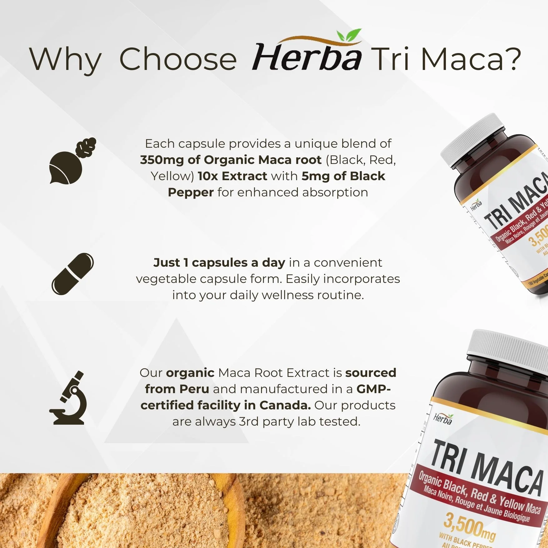 Organic Tri Maca Capsules 3500mg – 180 Capsules | Sourced from Peru | Made in Canada - Image 6