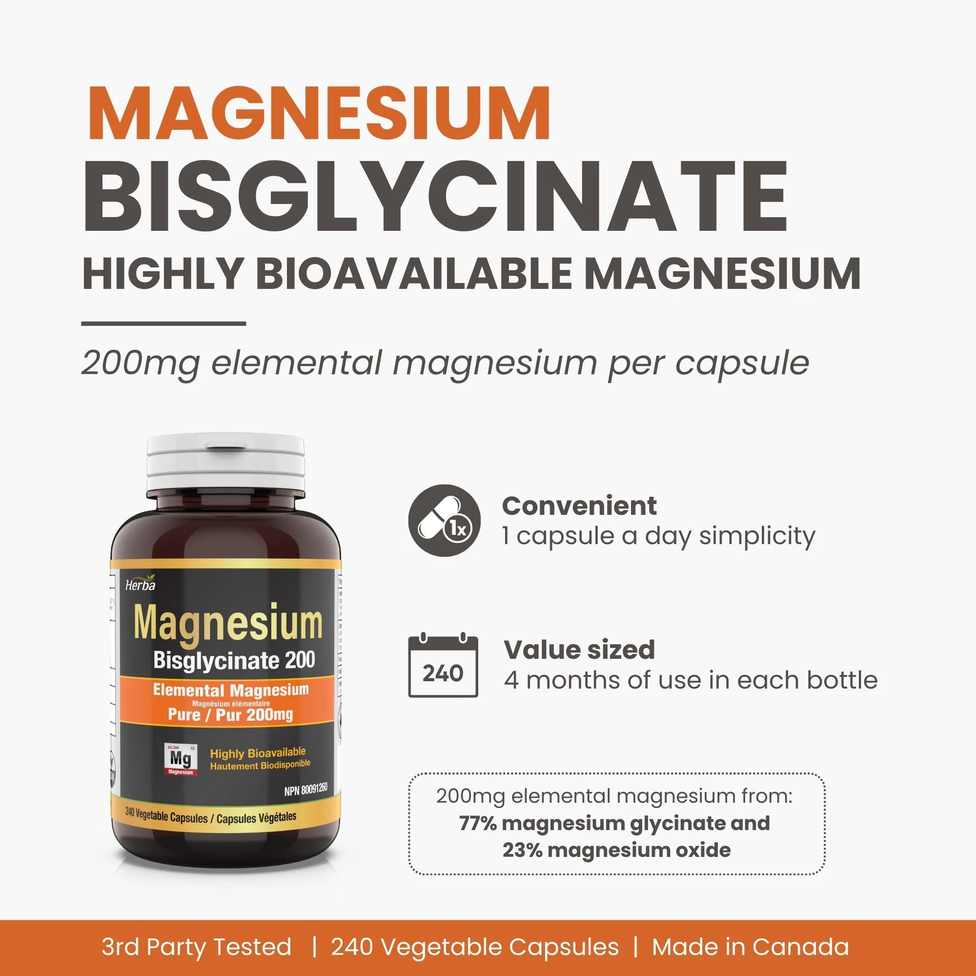 Magnesium Bisglycinate 200mg - 240 Vegetable Capsules - Image 3