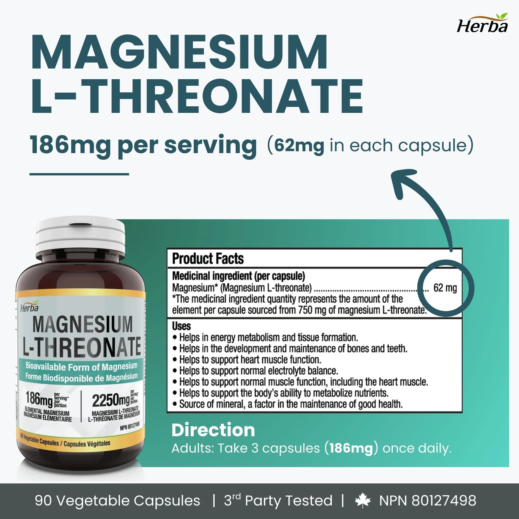 Magnesium L-Threonate Supplement – 186mg | Made in Canada | 90 Vegetable Capsules - Image 6