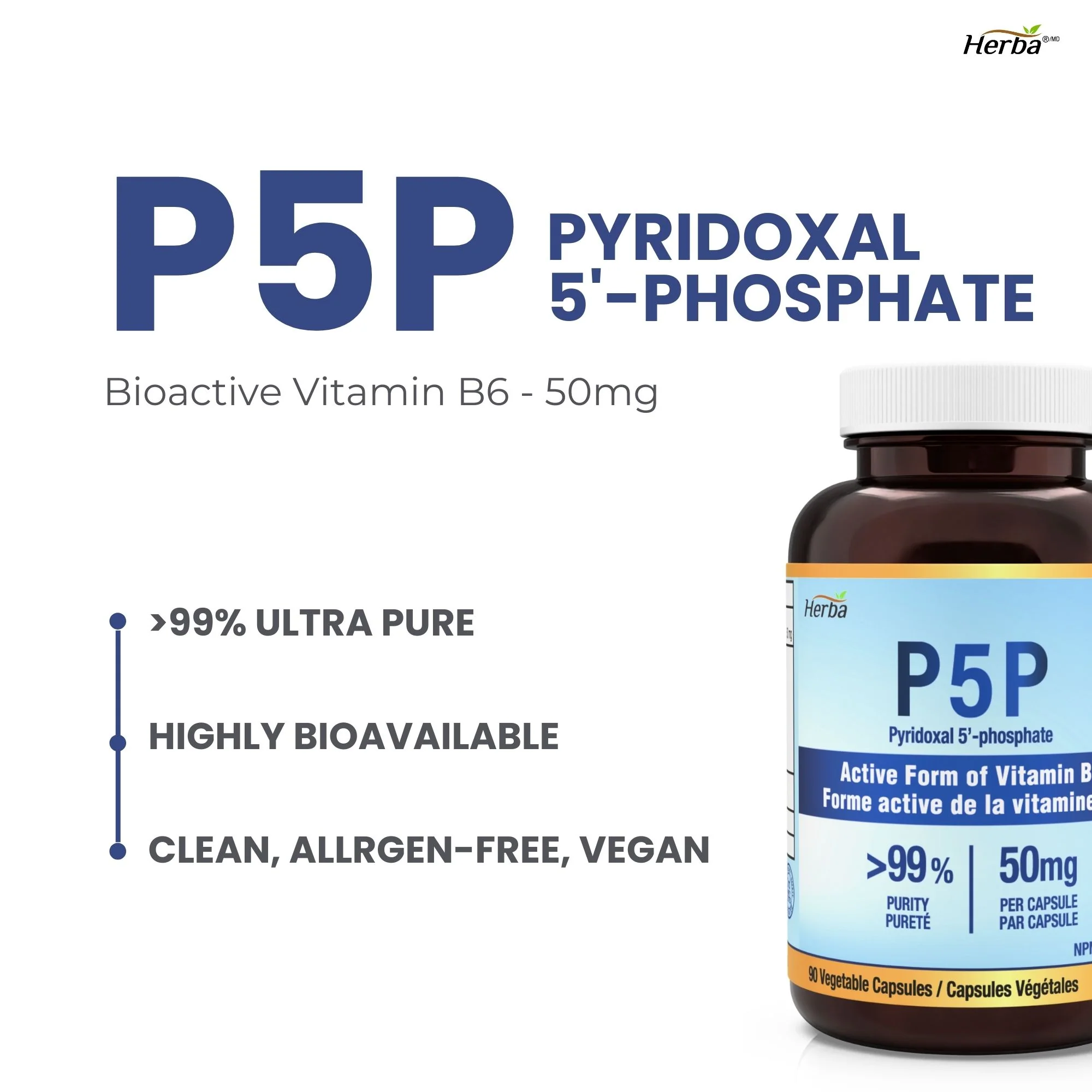 P5P Vitamin B6 50mg – 90 Capsules | >99% Purity | Made in Canada - Image 3
