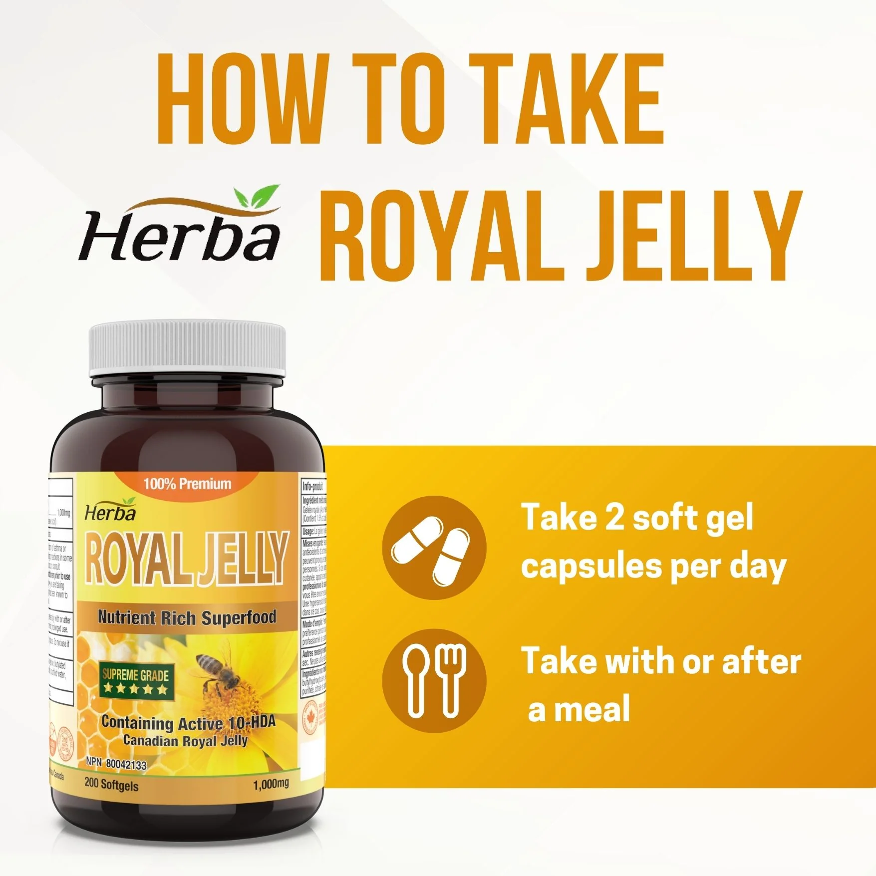 Herba's Royal Jelly Capsules 1000mg - 200 Softgels | Made in Canada - Image 4